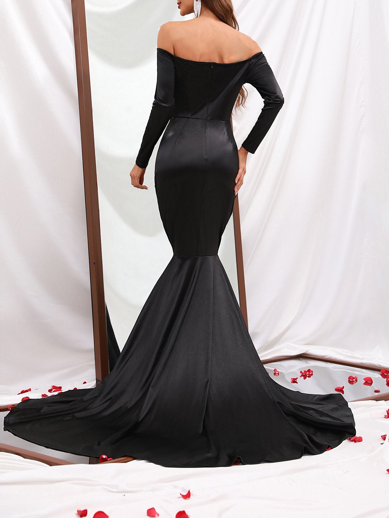 Elegant Off Shoulder Long Sleeve Satin Dresses