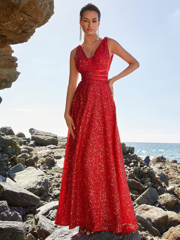 Red Corset Deep V Neck Sequin A Line Prom Dresses
