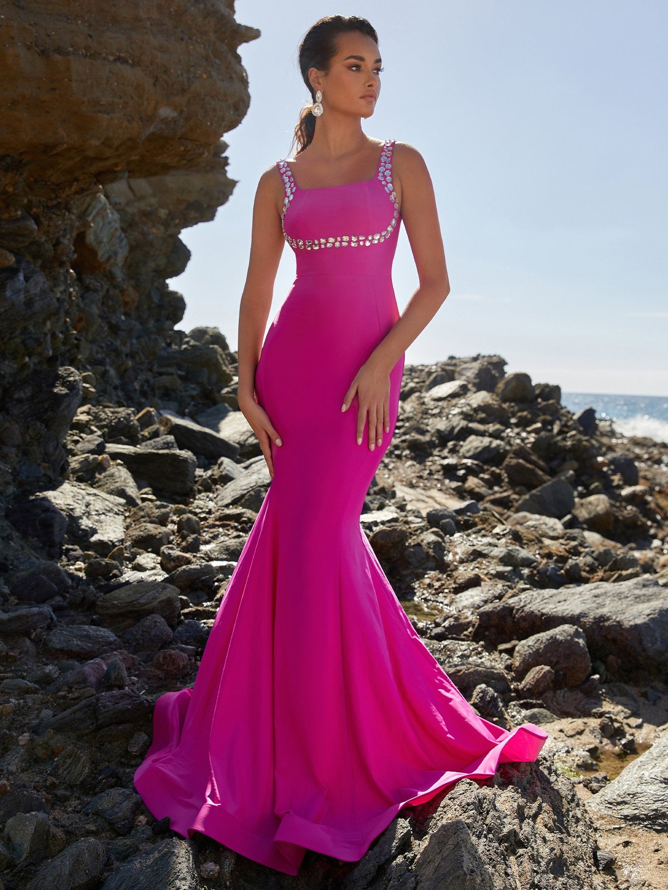 Square Neck Mermaid Hem Hot Pink Prom Dress 2023