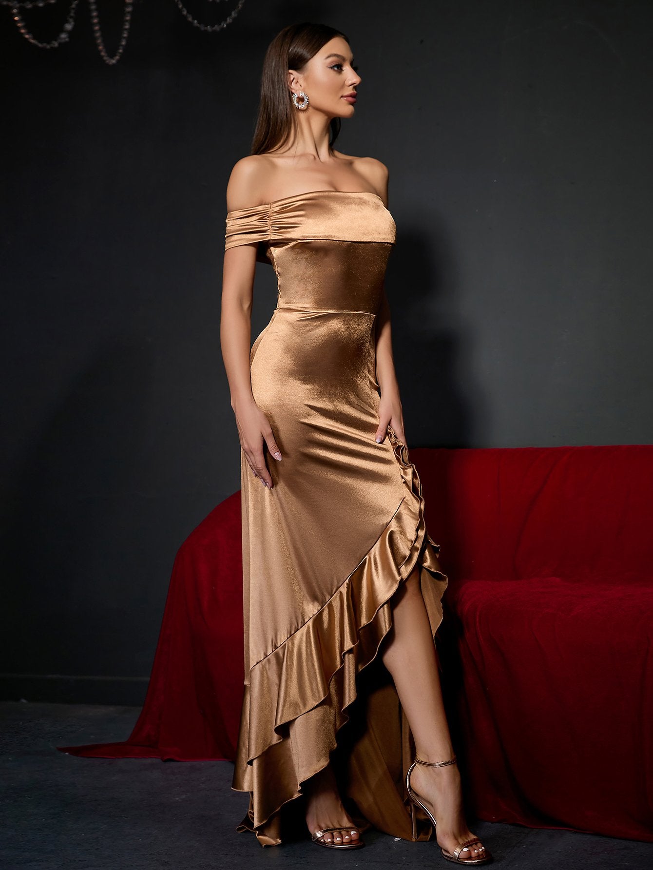 Elegant Off Shoulder Short Sleeve Satin Dresses